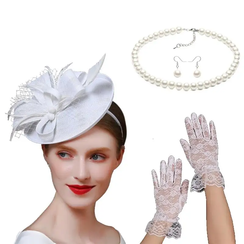 

652F 4in1 Fascinator Derby Hat Hairhoop Necklace Earrings Gloves for Wedding Event
