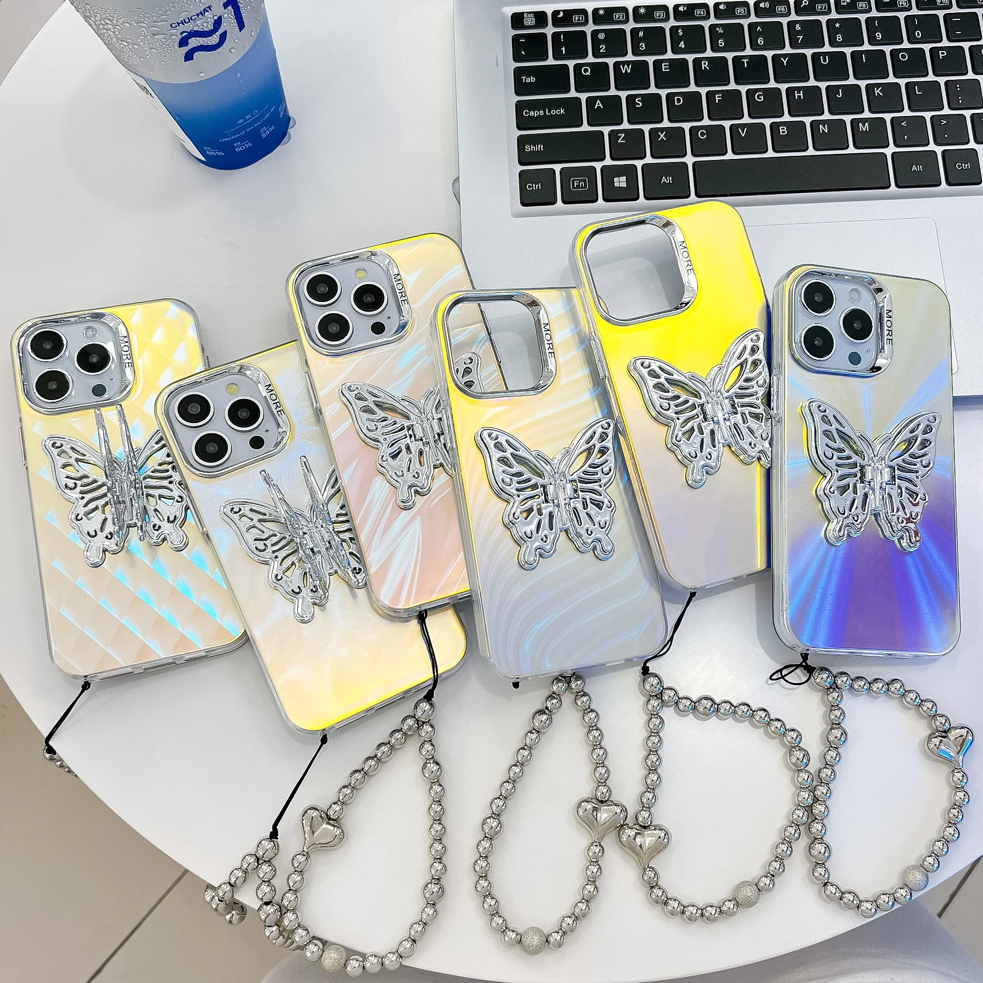 For Iphone 13 14 15 16 Pro Max Plus Luxury Laser Electroplated Textured  Butterfly Stand Heart Chain Phone Case Cover