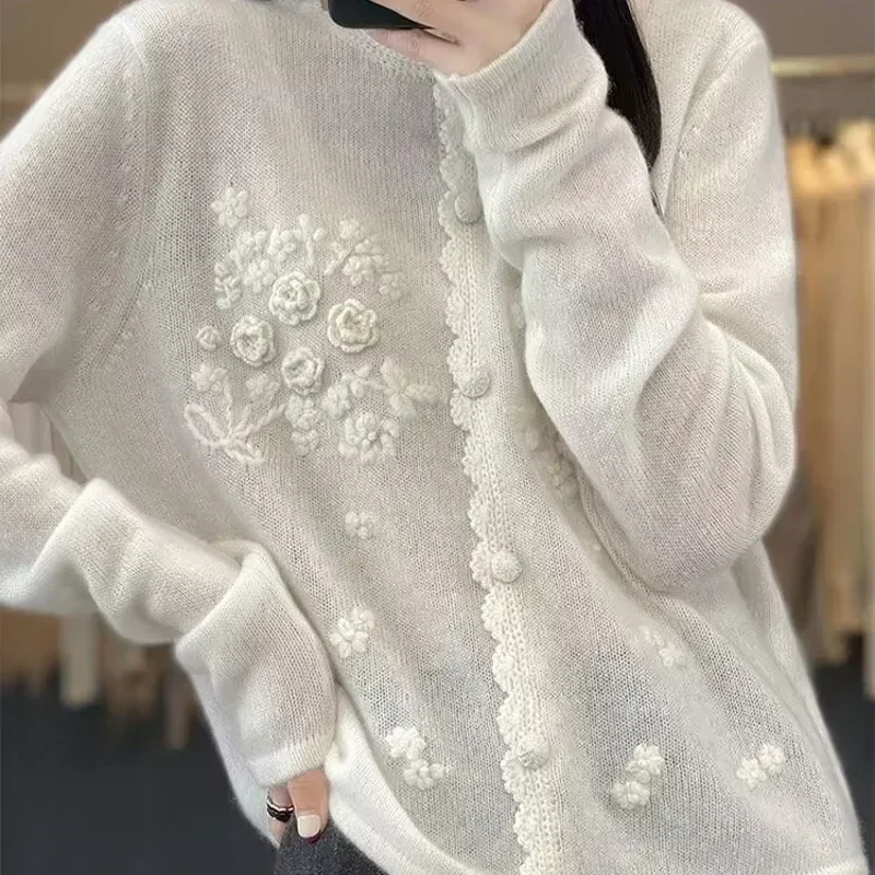 TPJB Autumn New Sweet Mori Style Handmade Embroidered Sweater Coat Round Neck Long Sleeve Cardigan Sweater