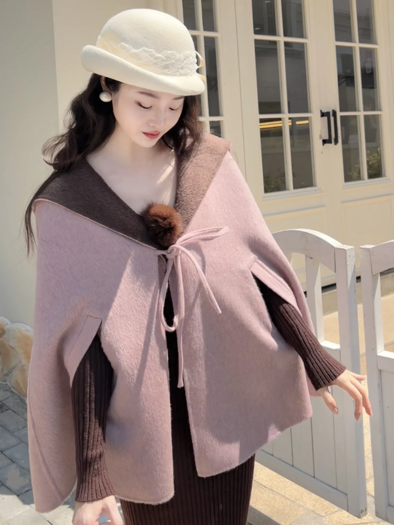 

Double-Sided Woolen Pink Brown Matched Color Coat by Yujia Commute Sle Long Sve V-Ne Regular Length One Button