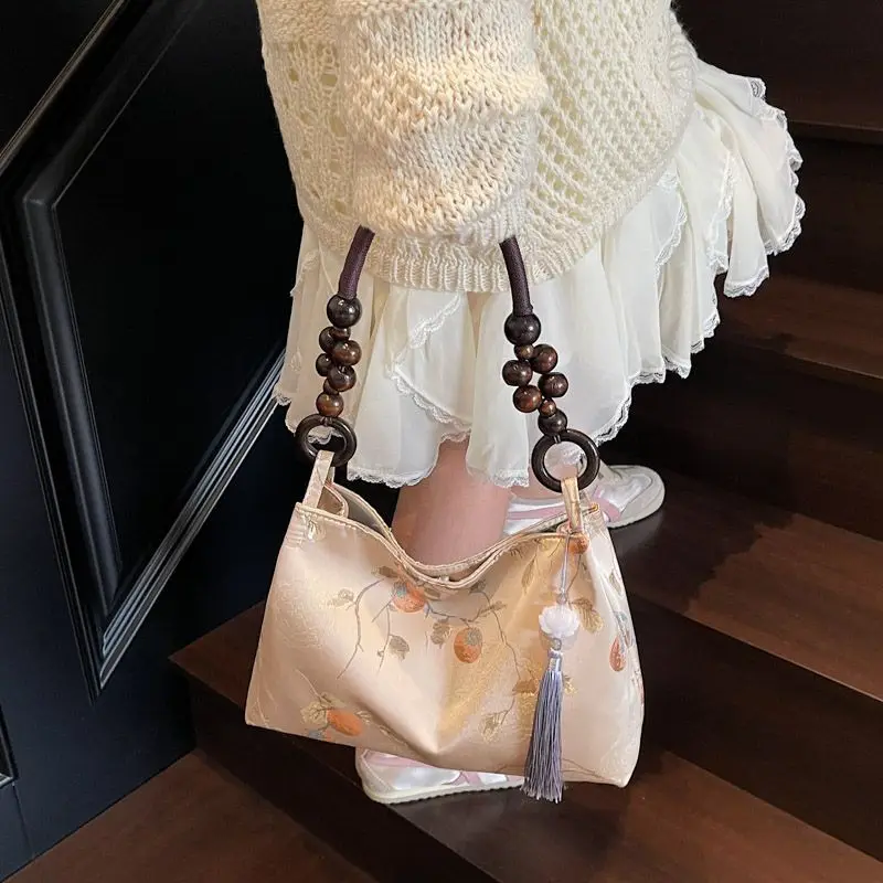 

Retro Beige Embroidery Handbag Women Beaded Handle Large Capacity Shoulder Bag Ladies Elegant Luxury High End Underarm Bags 2025