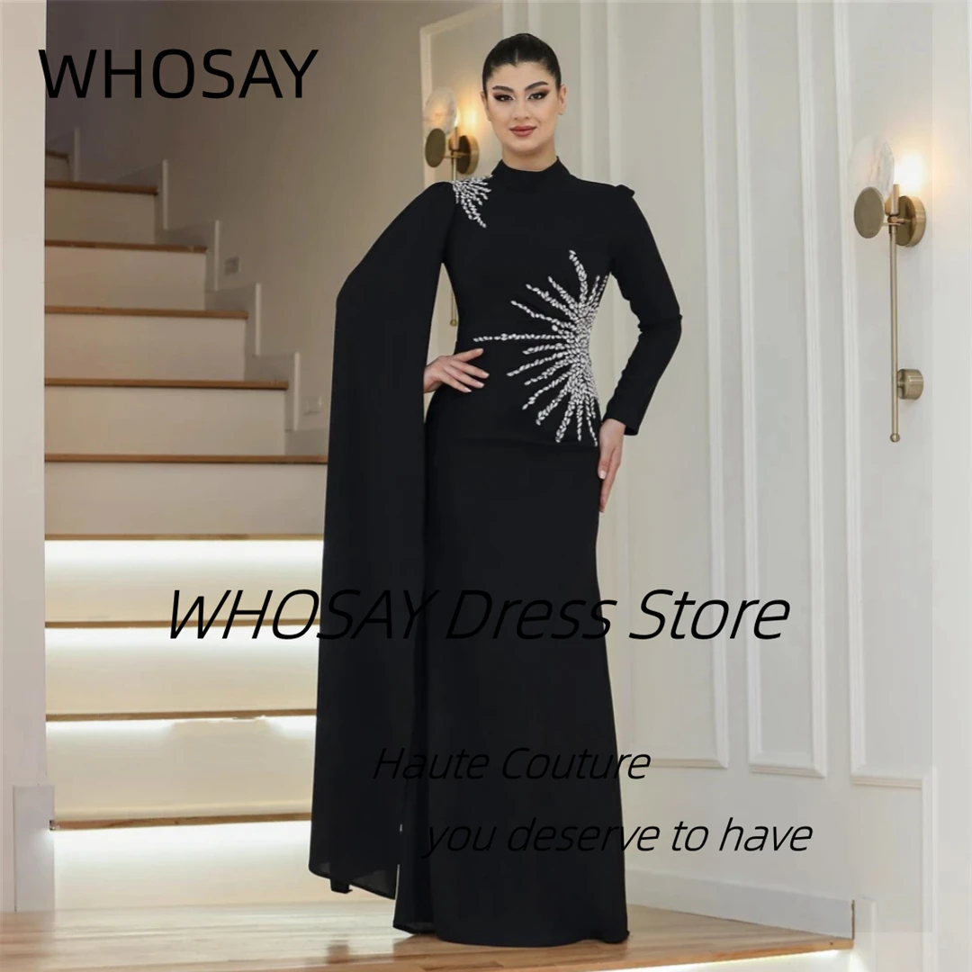 WHOSAY Dubai Party Women High Collar Beading Evening Dresses Long Sleeves Customized Zipper Back Saudi Prom Dress