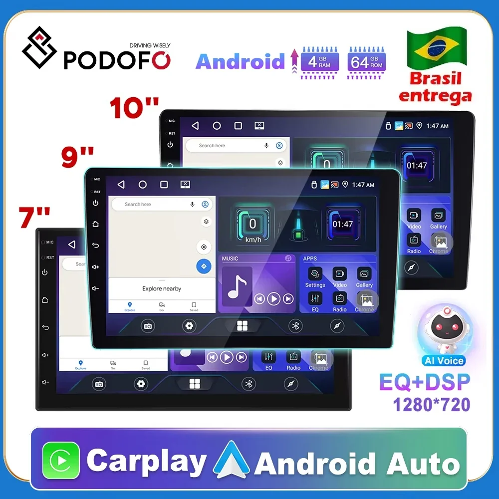 Podofo 2din Carplay Android Car Radio 4G Multimedia Player GPS Stereo for Toyota Nissan Hyundai Kia Honda In-car Entertainment