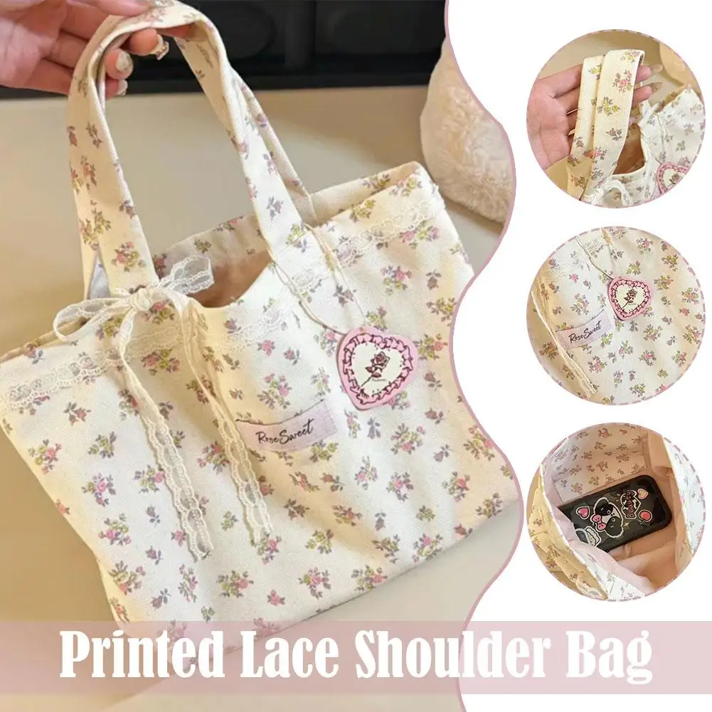 Fashion Canvas Printed Tote Bag Sweet Storage Handbags Strap Lace Bags Shoulder With Wide Capacity Canvas Shoulder Bag Bow Y4I4