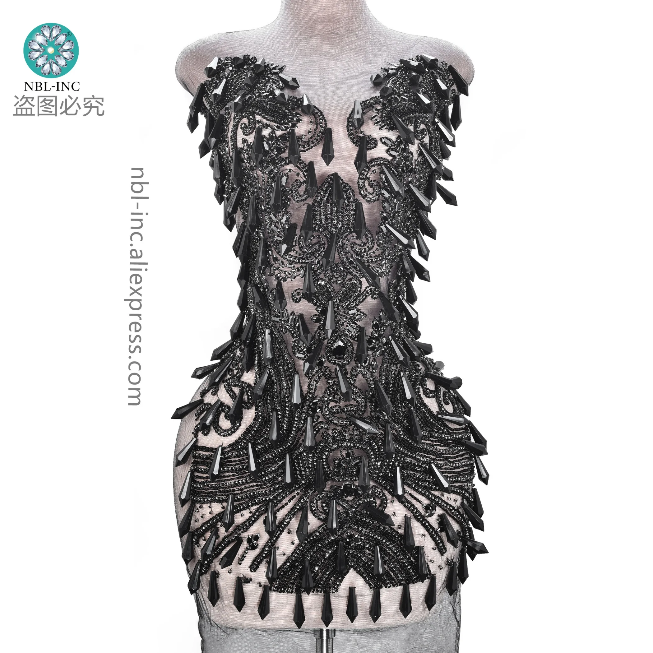 (1PC) Luxury black crystal rhinestone bodice applique patch hand sewn for wedding prom evening dress WDD1405