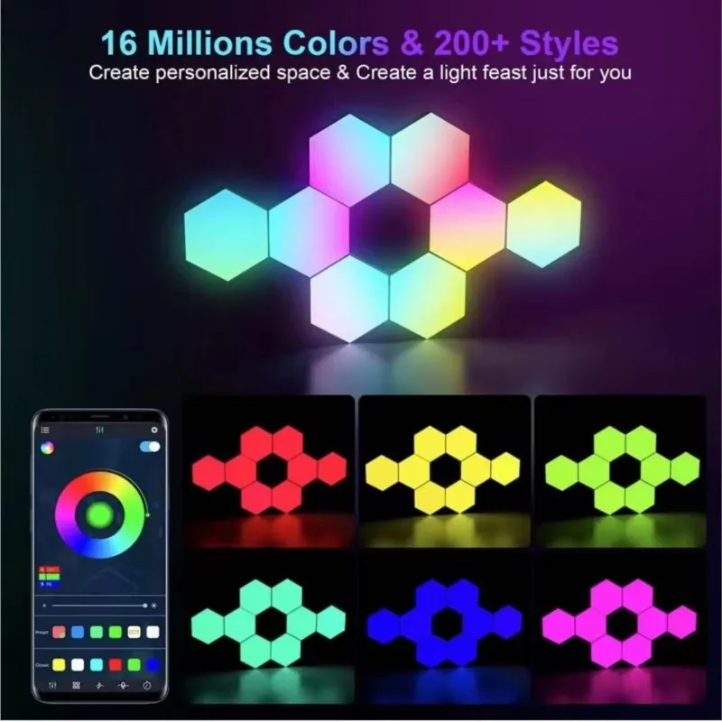 Hexagon Lights Bluetooth Indoor Wall Light RGB Panel Smart APP Modular Music Sync Honeycomb Modular Hexagonl Light Gaming Lights