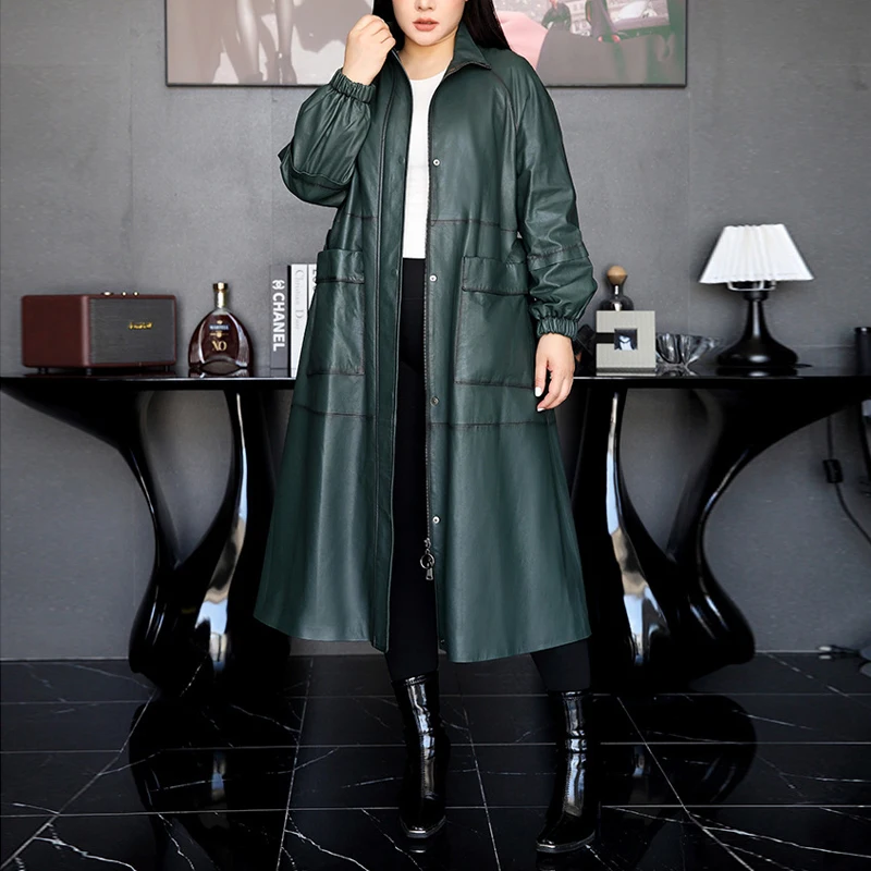 Plus 4XL Large Size Leather Jacket Women's Trendy Long Trench Coats Fall Winter Black Lace-up Genuine Leather Sheepskin Outwear