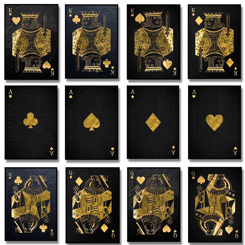 Golden Playing Cards Ace of Spades King Queen Lucky or Dead Poker Casino Canvas Painting Room Picture Print Home Decor Cuadros