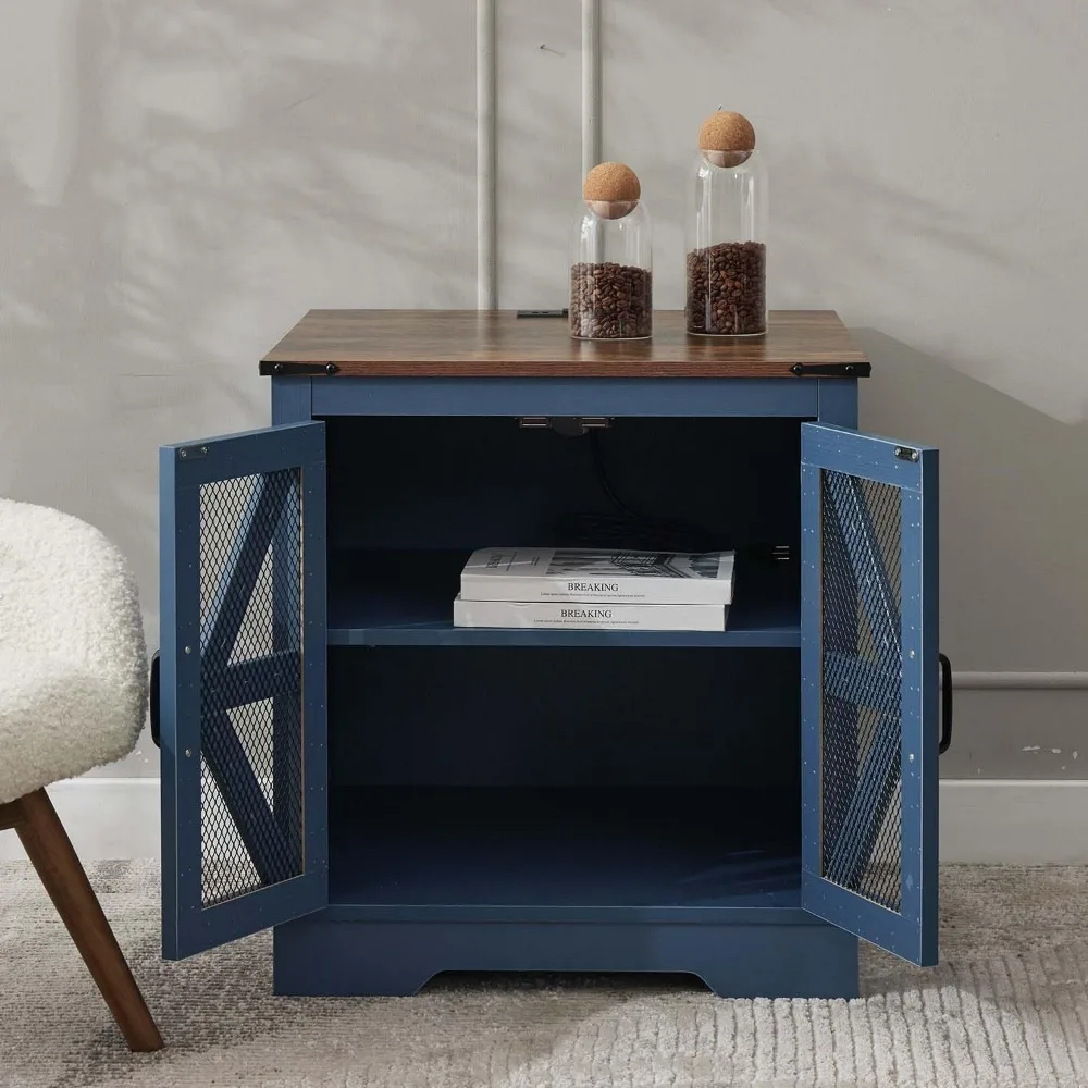 21.1 Tavolino da fattoria con stazione di ricarica e porta della stalla in rete, comodino in legno rustico con ripiano portaoggetti per soggiorno e B