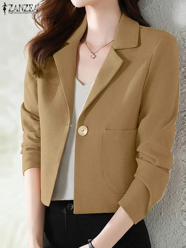 ZANZEA Stylish Autumn Elegant Office Lady Suits Blazer OL Work Outwear Casual Solid Crop Top Women Lapel Neck Long Sleeve Blazer