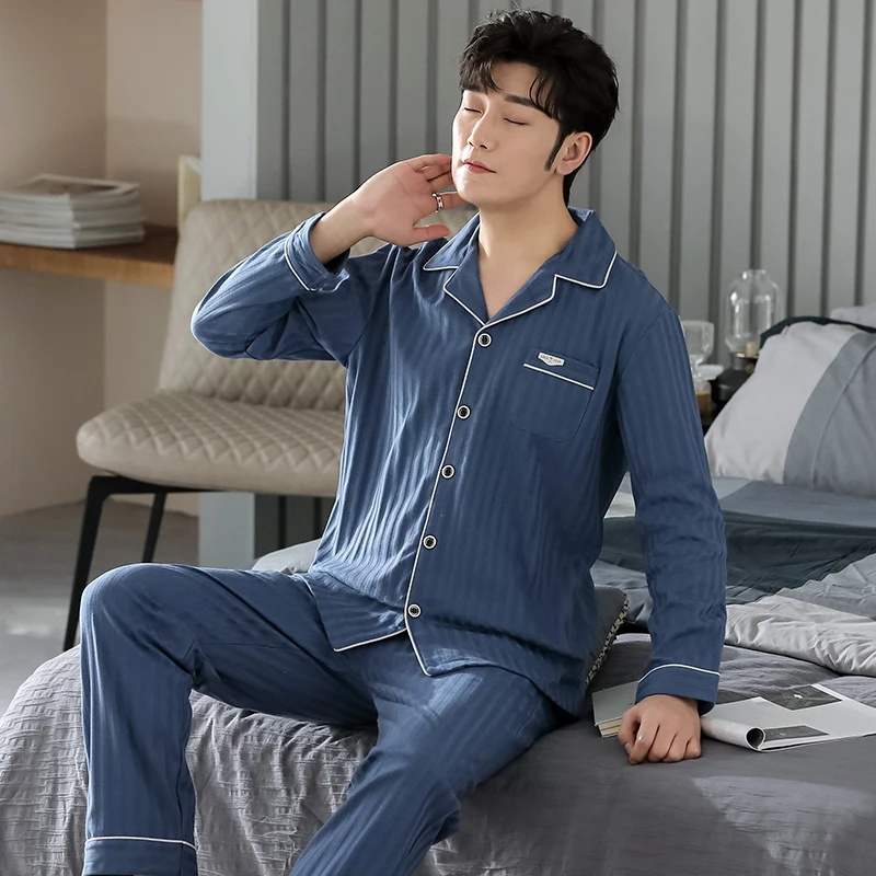 Blue Men Pajamas Set Long Sleeves Long Pants Autumn Winter Simple Sleepwear Casual Pijamas Male Pyjamas Soft Nighty Cozy Pjs Boy