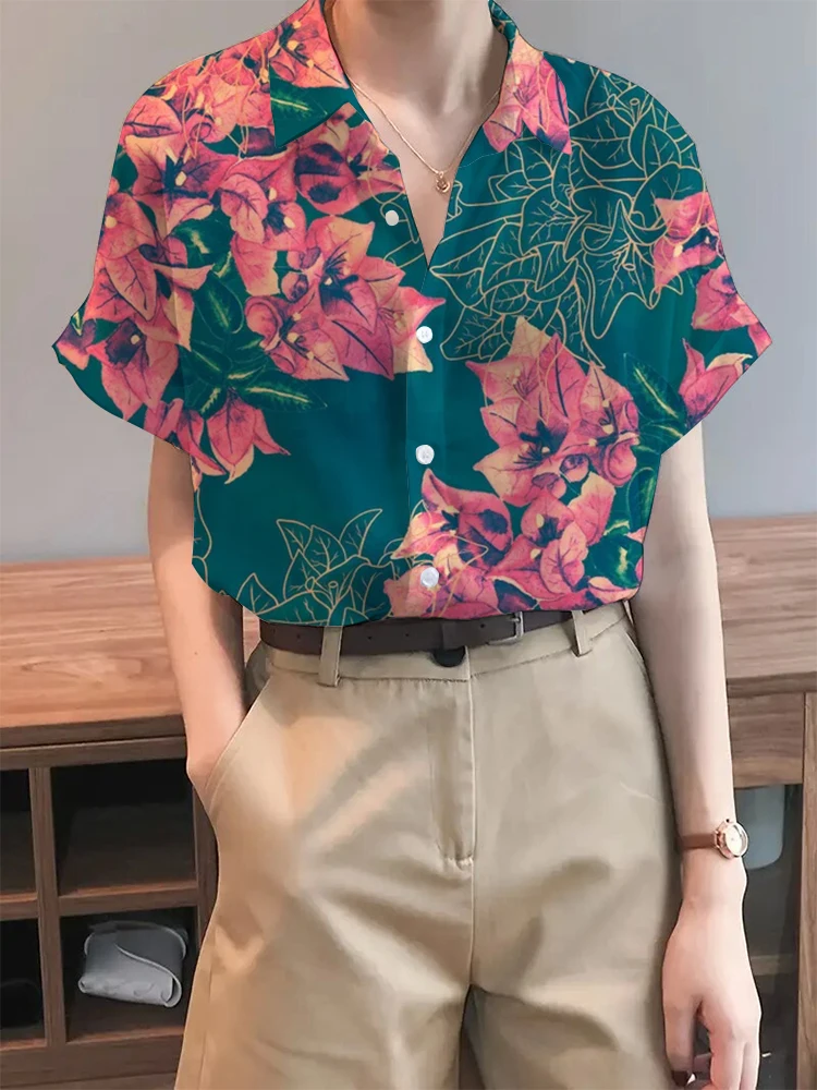 Summer Women\'s Shirt Holiday Style Fashion Print Button-Down Short-Sleeved Lapel Shirt Loose Comfortable Fresh Breathable Light