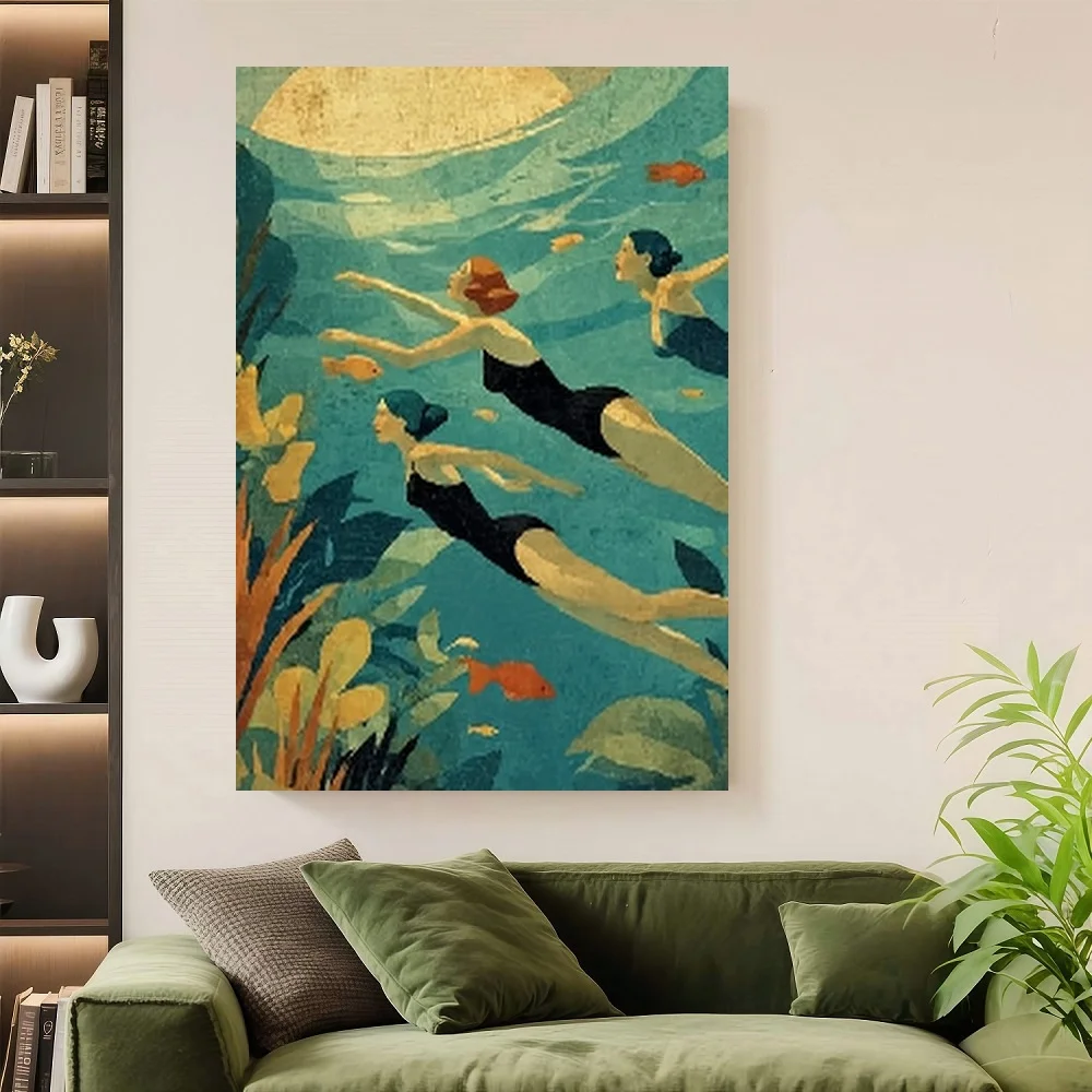 

Framed Flat, Wooden Framed Wall Art Suitable for Rural-Style Decor - Flat Nautical Swimmer & Fish Panel, Wood Tabletop Decoratio