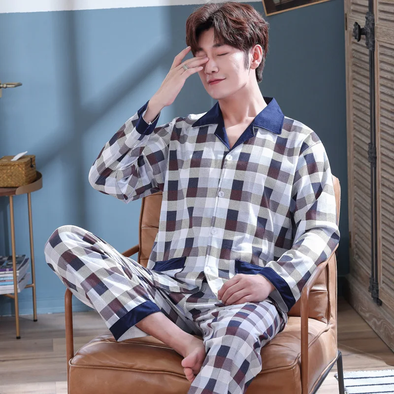 

Spring Autumn Men's Cotton Pajamas Lapel Long Sleeve Cardigan Pants Oversized Printed Homewear Set Comfortable Loungewear