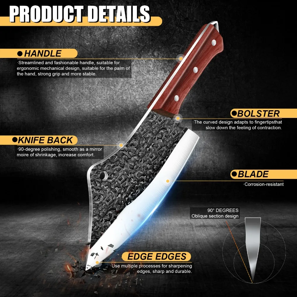 سكاكين الشيف المطروقة من MDHAND سكين المطبخ عالي الكربون من الفولاذ لتقطيع اللحوم والخضروات وتقطيع الساطور للمطبخ مع هدية #4