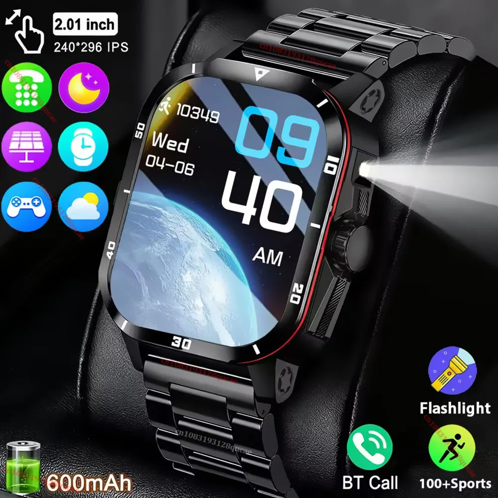 

2025 Новые Смарт-часы в стиле милитари для мужчин, 2,01 дюйма, HD-экран, светодиодный фонарик, 3 атм, водонепроницаемый спортивный фитнес-трекер, BT Call, умные часы