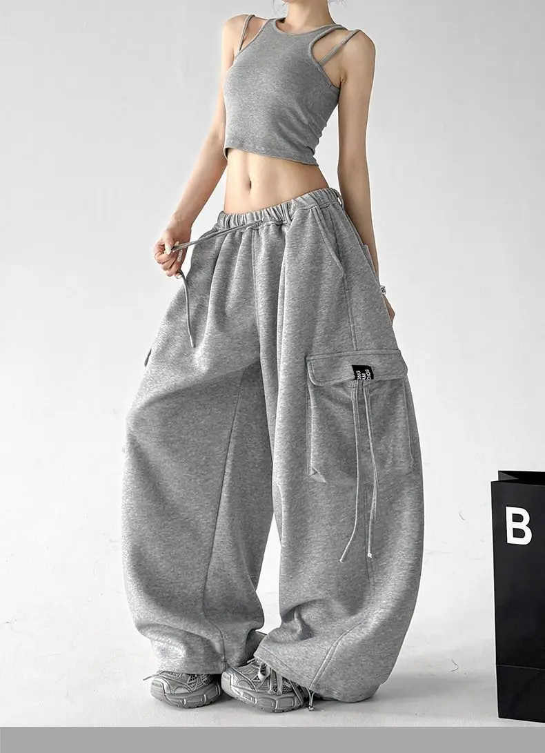 American Hip-hop Cargo Tooling Sweatpants Big Pocket Streamer Wide Leg Pants Women Baggy Pants