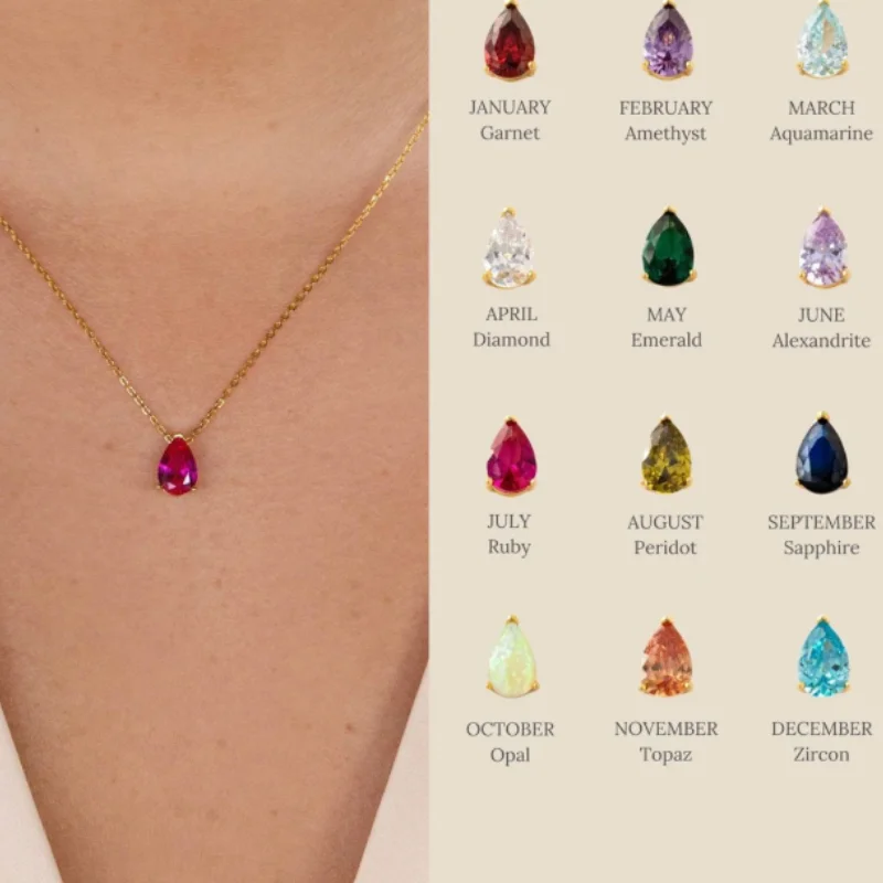 

18k Gold Plated Teardrop Zirconia Pendant Birthstone Necklace For Women Shiny Crystal Choker Collarbone Chain Boho Jewelry Gift