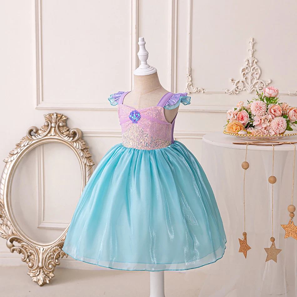 Girls Summer Mermaid Cosplay Dress with Elegant Ruffle Sleeves and Color Blocked Detail Stylish Option for Your Little Princess