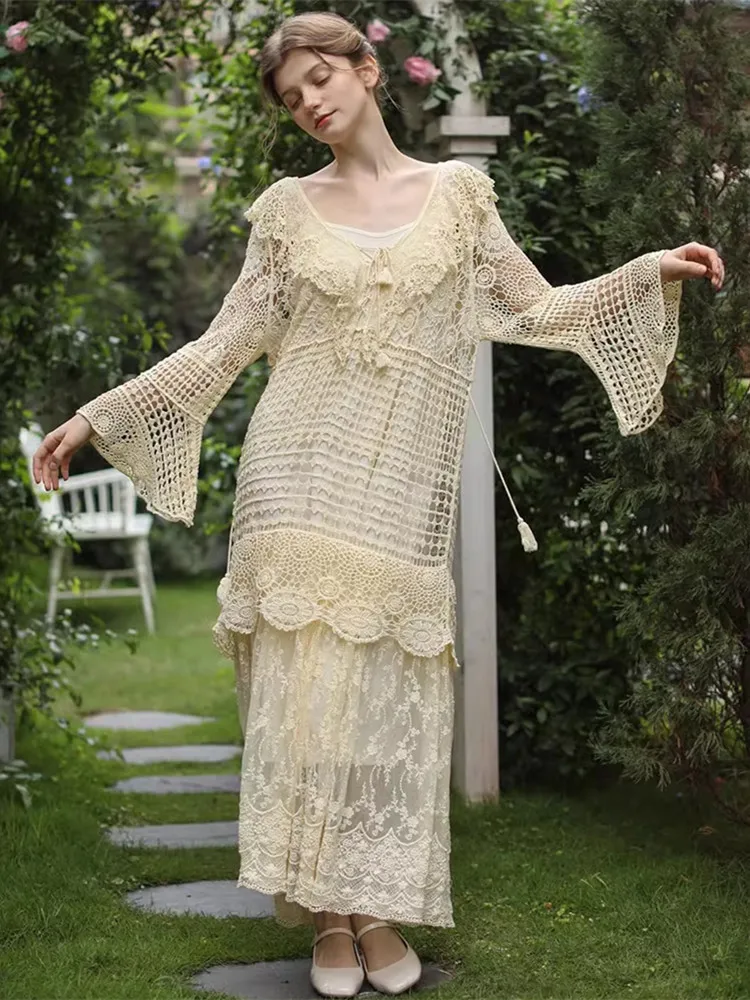 AIGYPTOS SpringSummer Maxi Dresses For Women Vintage Victoria Lace Long Dress Elegant Embridery Hollow Out Crochet Wedding Dress