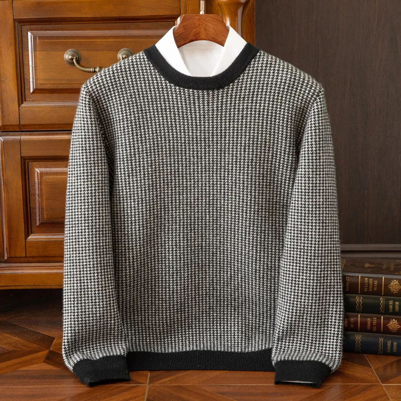 Autumn And Winter New Round Neck Thick 100% Pure Wool Men's High-End Houndstooth Sweater Knitted Pullover