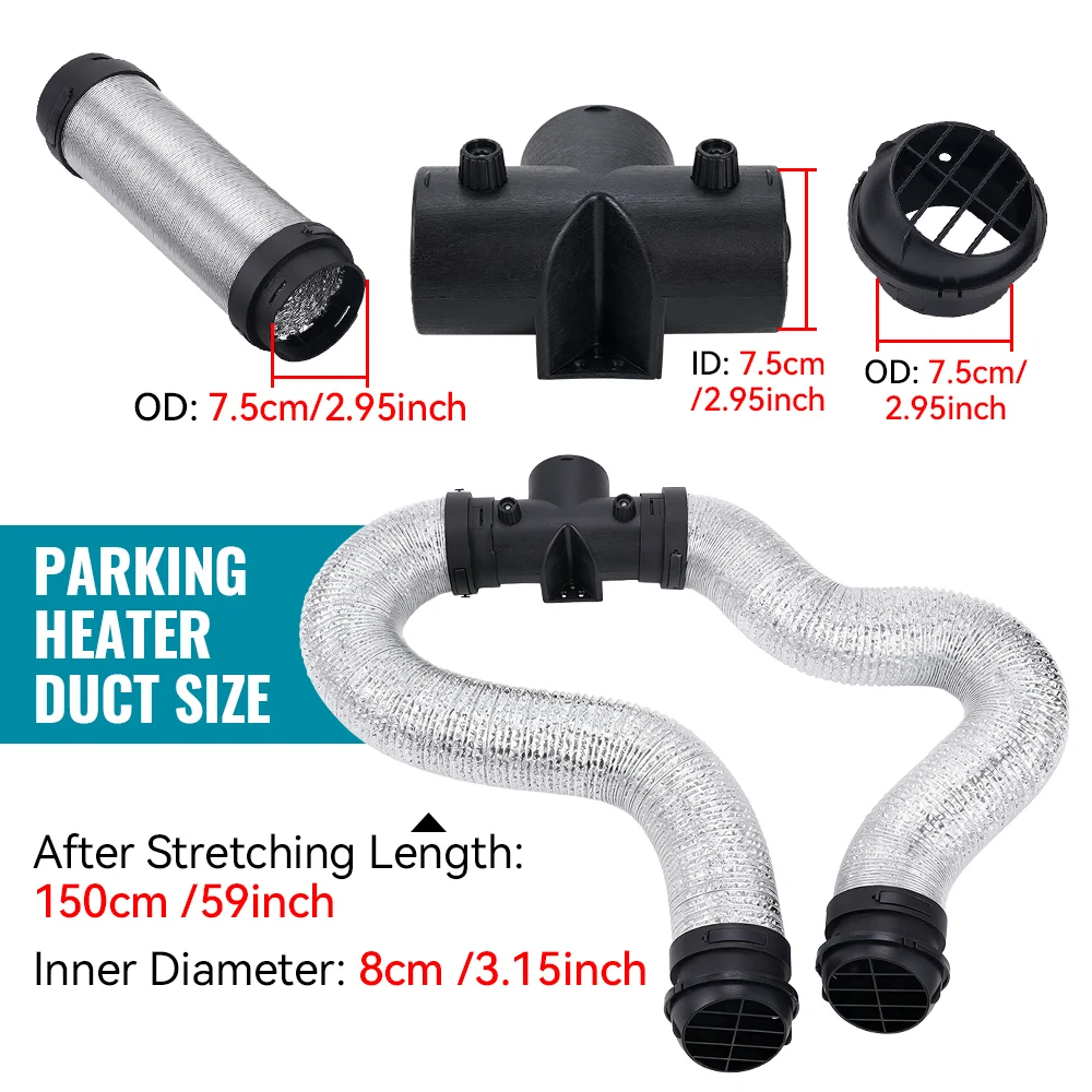 75mm flexibler Dieselheizungs-T&Y-Ventilanschluss, Schlauch 1,5m, 2x Luftauslass für 5KW 8KW Wohnmobil, LKW, Boot, Anhängerheizung – Detail 4