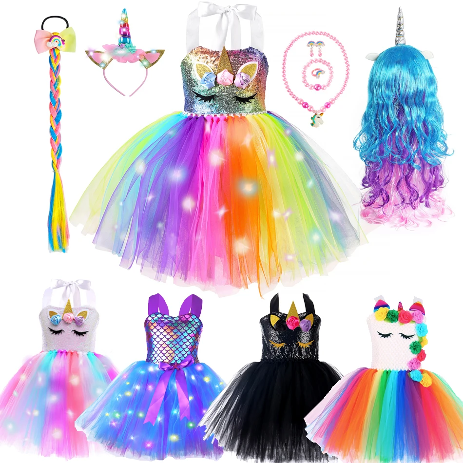 Girl Unicorn Dresses for Girls Tutu Princess Party Dresses with LED Lights Flower Birthday Party Cosplay Costume Girls Clothing