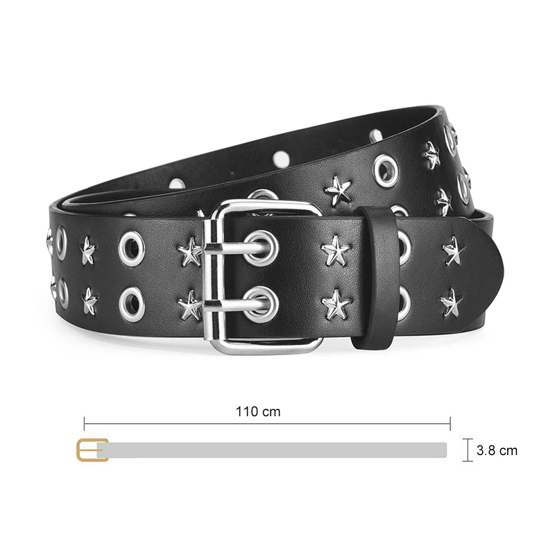 Women y2k Star Eye Rivet Belt Double Row Hole Belt Punk Waist Strap Hollow Out PU Leather Jeans Decorative Fashion Waistband