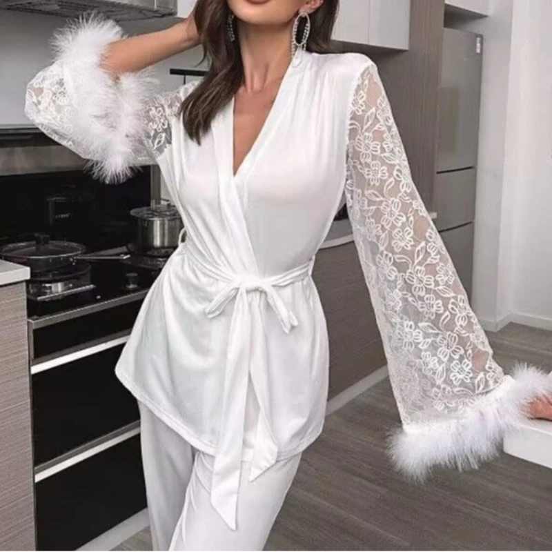 

2026 new V-neck lace splicing milk silk pajamas pajamas set sexy loungewear