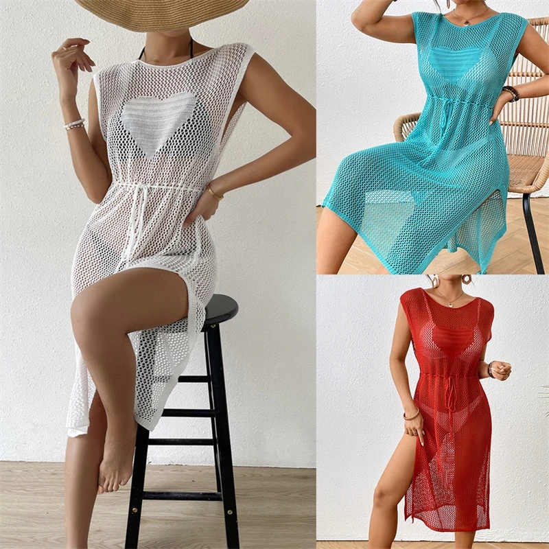 Women's Knit Beach Cover Up Dress - Hollow Out Mesh Bikini Wrap - Lace Trim Summer Beachwear Fashion