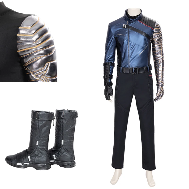 

Winter Soldier Bucky Barnes Blue Battle Outfit With Boots Falcon And Superhero Cosplay Costume Halloween Carnival