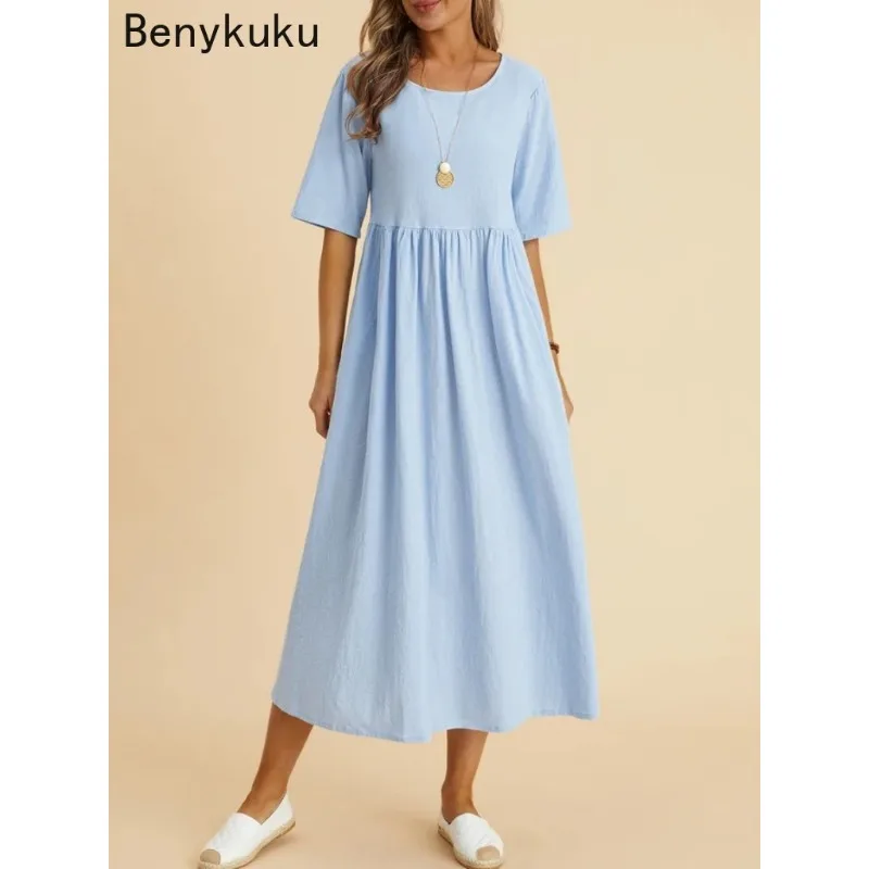 

2024 Summer Cotton Linen Women Maxi Dresses Vintage Short Sleeve Casual Loose Harajuku Party Club Midi Dress Sundress