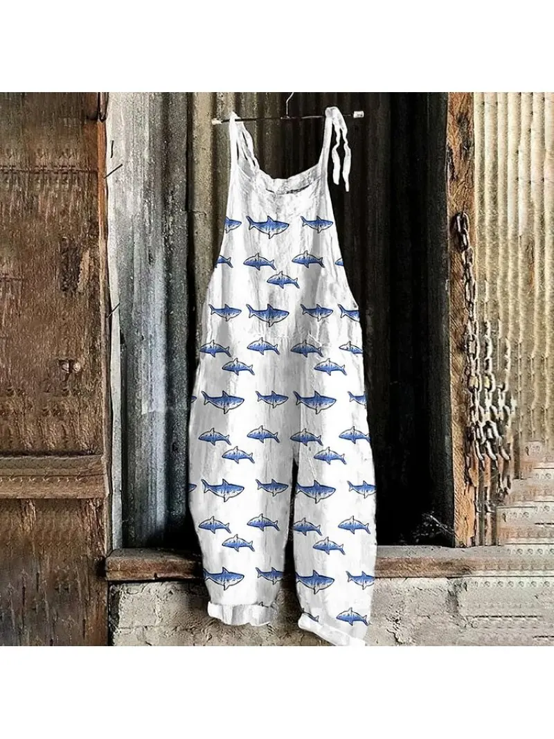 

Новинка 2025 года, женские комбинезоны в стиле ретро, двухцветный повседневный свободный комбинезон с 3d принтом акулы, женские модные комбинезоны для женщин