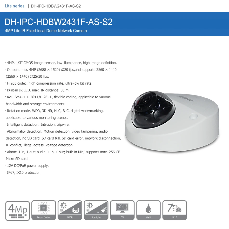 Dahua IP Camera 4MP IPC-HDBW2431F-AS-S2 IR Fixed-focal Dome PoE Build in Mic SD Card Slot Original Upgrade Video Surveillance