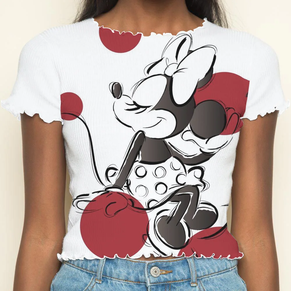 Short Sleeve T-shirt Disney Clothing Crew Neck Mickey New in Tops & Tees Top Minnie Mouse Women's Mickey Disney Top Lettuce Trim