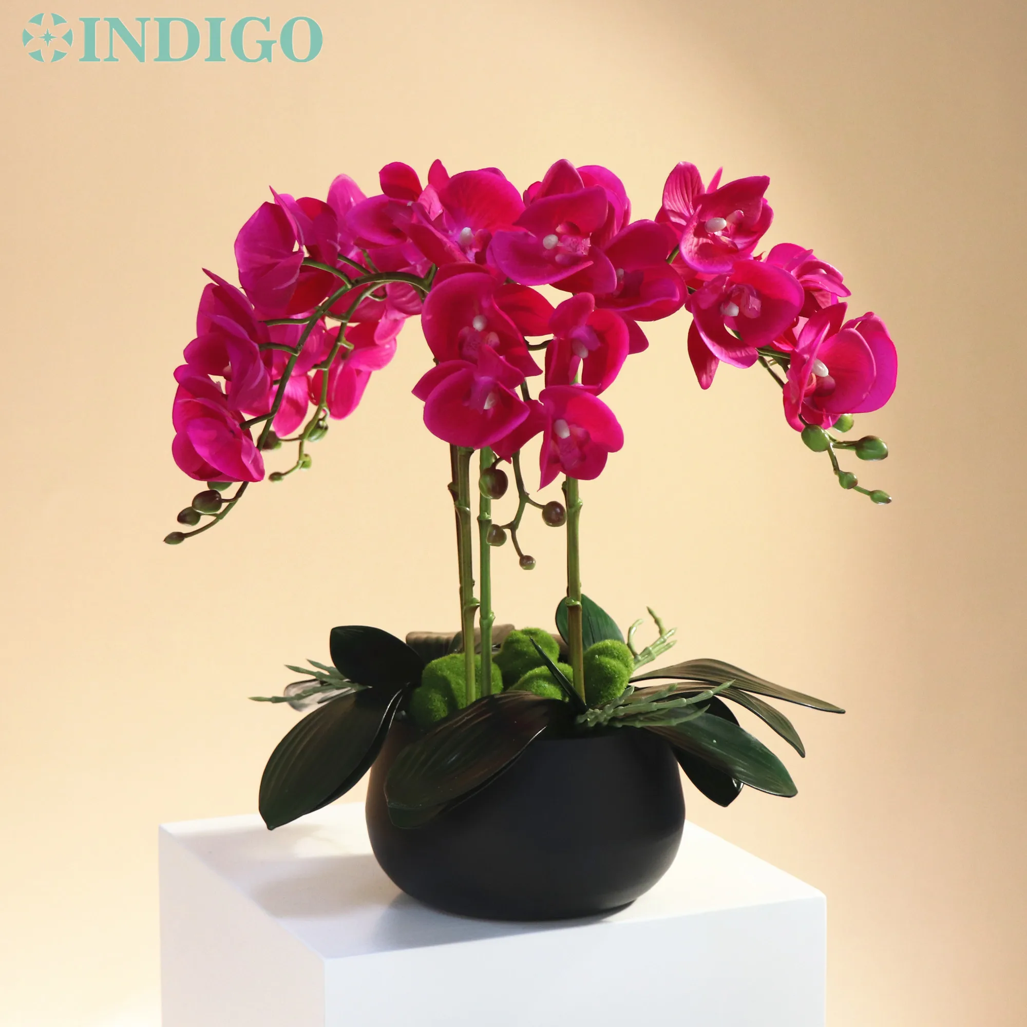 

INDIGO-3D Puple Orchid Flower Arrangment, DIY Office Decoration, 5Pcs Orchid, 3Pcs Leaf, Moss Stone, Vase, Real Touch