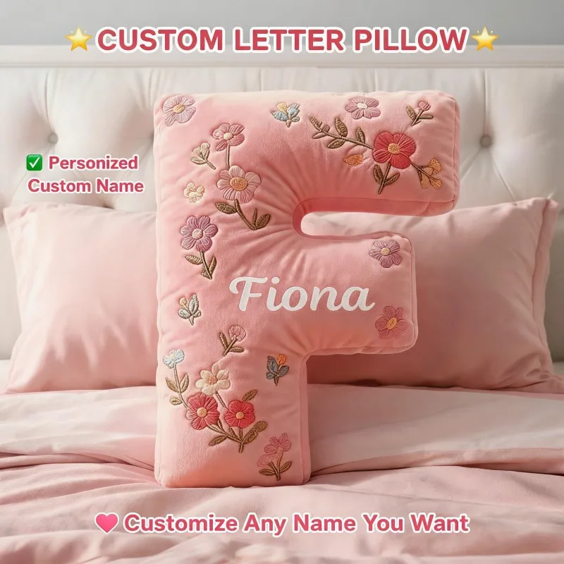 Custom Name Photo F Shape Pillow Pink Floral Letter Cushion Personalized Gift for Girlfriend Wife Sofa Bedroom Decorate Woman