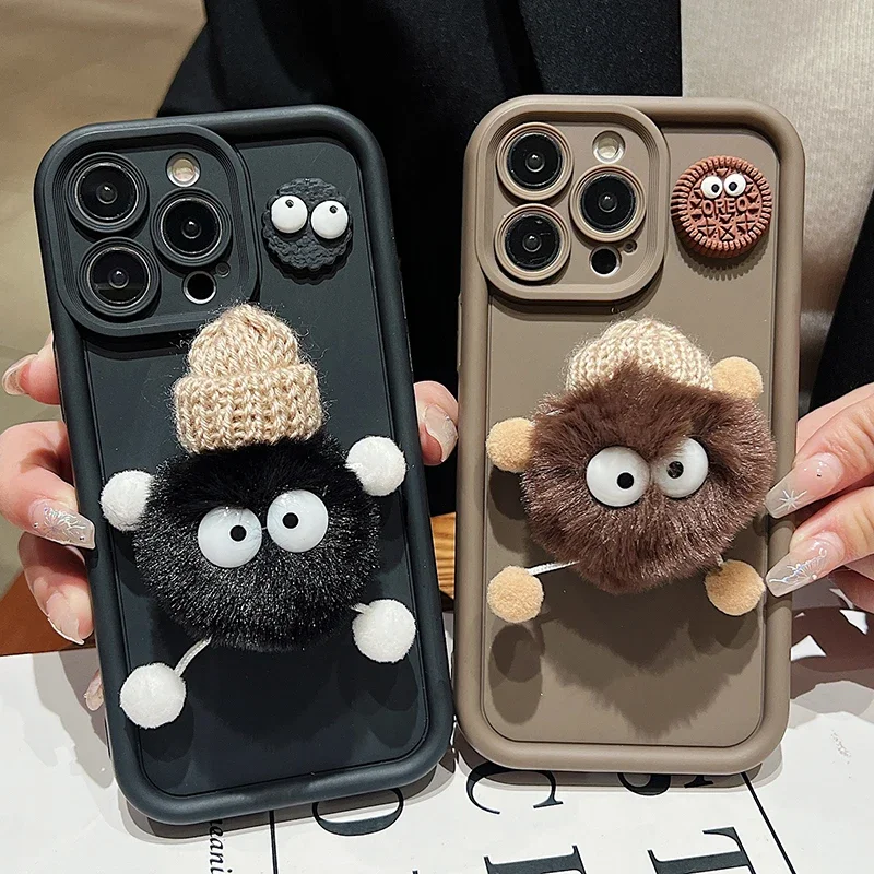 Cute 3D Plush Coal Ball Case For Samsung Galaxy S24 Ultra S23 FE S22 Plus S21 S20 A32 A52 A13 A33 A53 A14 A34 A54 5G Soft Cover