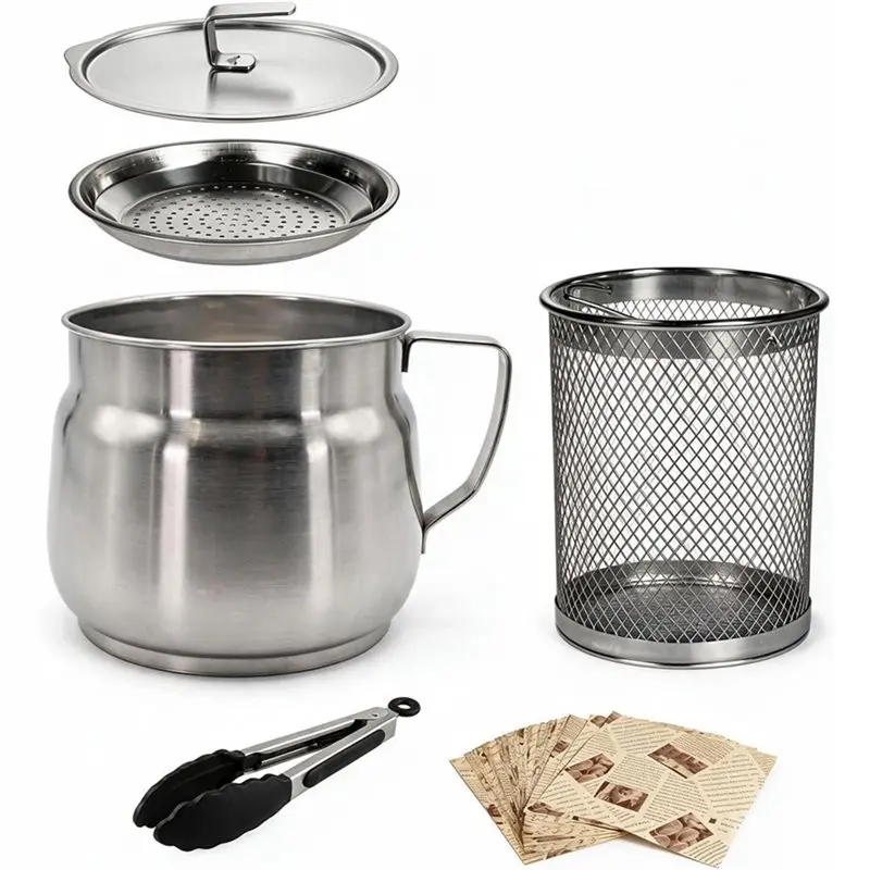 ABRU-68Oz Oil Filter Pot With Deep Fryer Basket Filter,Fry And Store Oil,With Fryer Basket,Tongs And Parchment Serving Liners