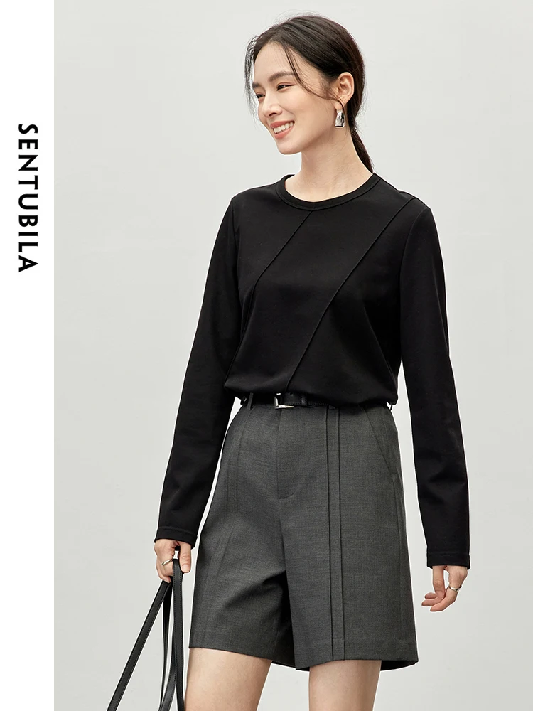 SENTUBILA Cotton Black T-Shirt Women 2025 Autumn Casual Round-Neck Long Sleeve Tops Korean Style Women's Clothing 143T55922