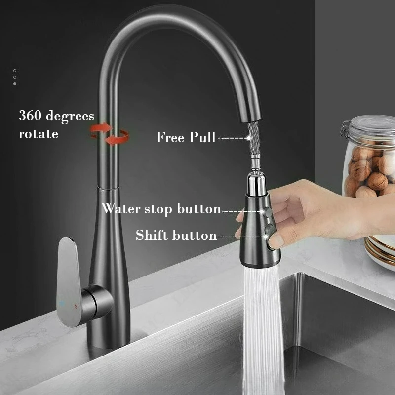 

Fine Copper Material Kitchen Faucets Pull Out Kitchen Sink Water Tap Deck Mounted Mixer Stream Sprayer Head Hot Cold Taps