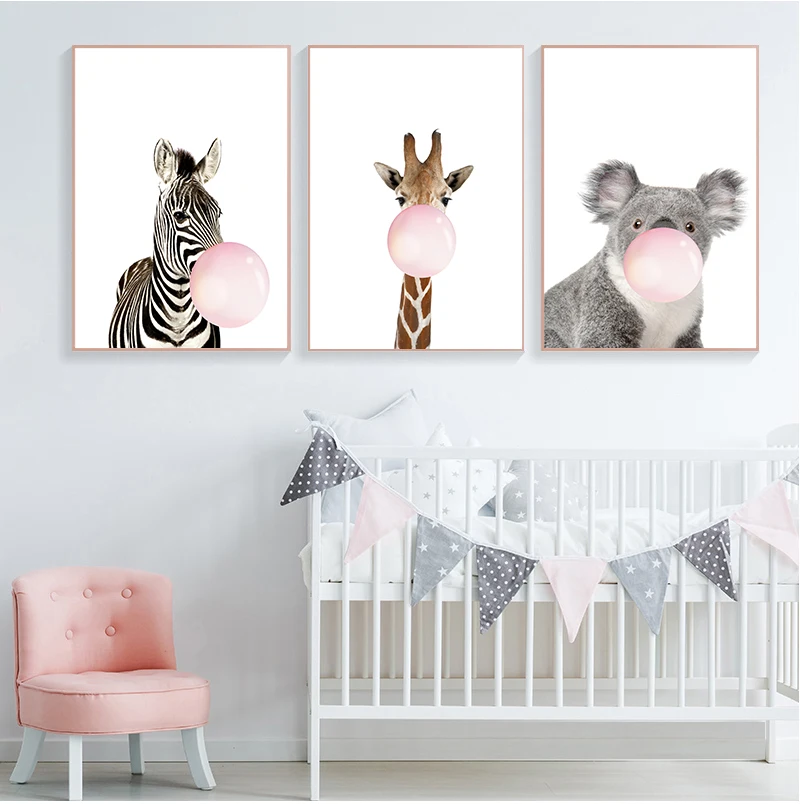 

Bubble Chewing Gum Giraffe Zebra Animal Posters Canvas Art Painting Wall Art Nursery Decorative Picture Nordic Style