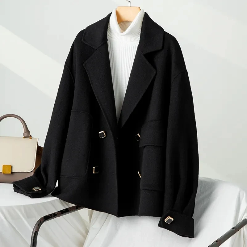 

2023 Autumn Women's Wool Double-Sided Suede Coat Overcoat Double-Breasted Lapel Short Woolen Coat Black Camel Cardigan Outerwear