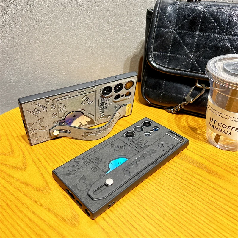 일본 애니메이션 귀여운 P-포켓몬 레이저 손목 스트랩 거치대 모피 방지 케이스, 삼성 S22 S23 S24 울트라 S25 P-포켓몬 스웨이드 가죽