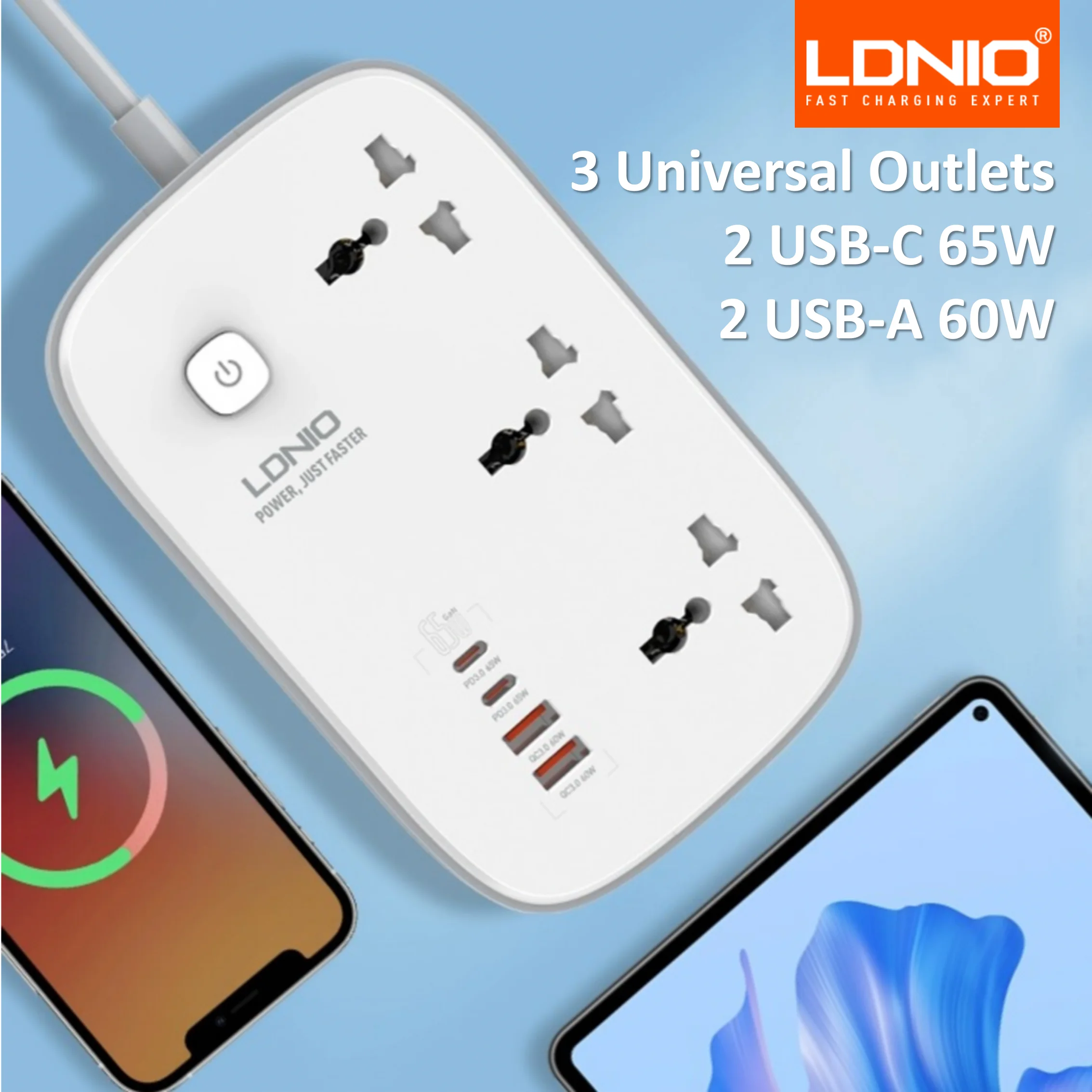 

LDNIO 65W Power Strip with 3 Universal Outlets 4 USB Port Socket Power Socket with 2M Bold Extension Cord Surge Protector SC3416