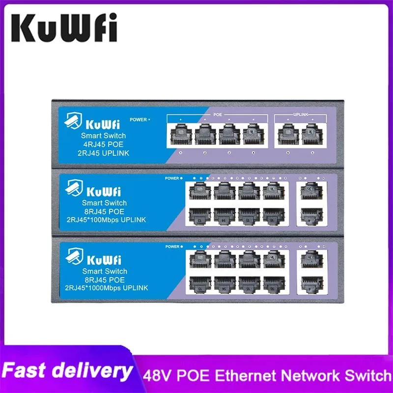 KuWfi-conmutador POE de 4 y 8 puertos, conmutador Ethernet de 100Mbps con puerto RJ45 rápido y de enlace ascendente para cámara IP, interruptor AP inalámbrico, teléfono IP