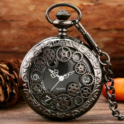 Reloj de bolsillo con movimiento de cuarzo para hombre y mujer, pulsera con engranaje hueco de bronce Vintage, con cadena y colgante, Unisex