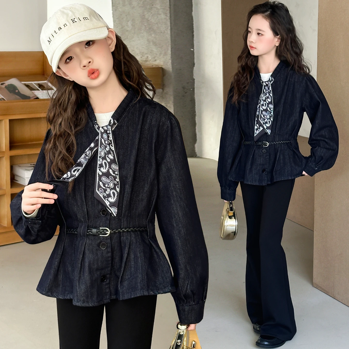 

Autumn design teenage girls denim jacket junior kid Scarf collar waist-cinching French coat child outerwear 4 8 10 12 14 overall