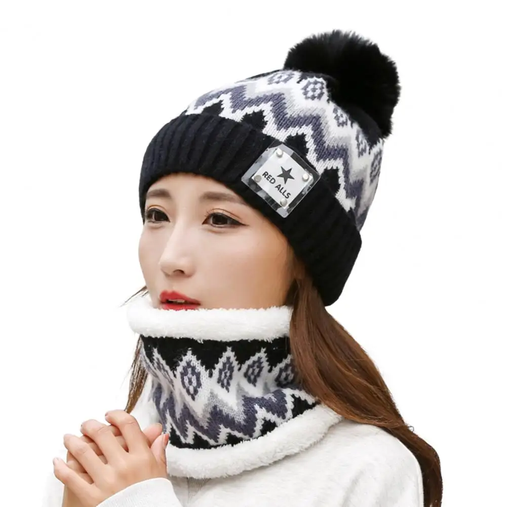 2Pcs/Set Women Hat Neck Warmer Knitted Star Labels Ear Head Neck Thickened Winter Beanie Cap Scarf Kit for Riding