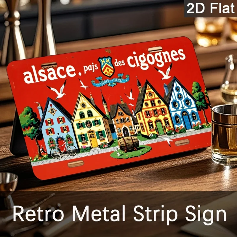 مسطح ثنائي الأبعاد - قطعة واحدة من لافتة معدنية عتيقة من Alsace Pays des Cigognes، ديكور حائط من الألومنيوم، رسم توضيحي للقرية الفرنسية الريفية